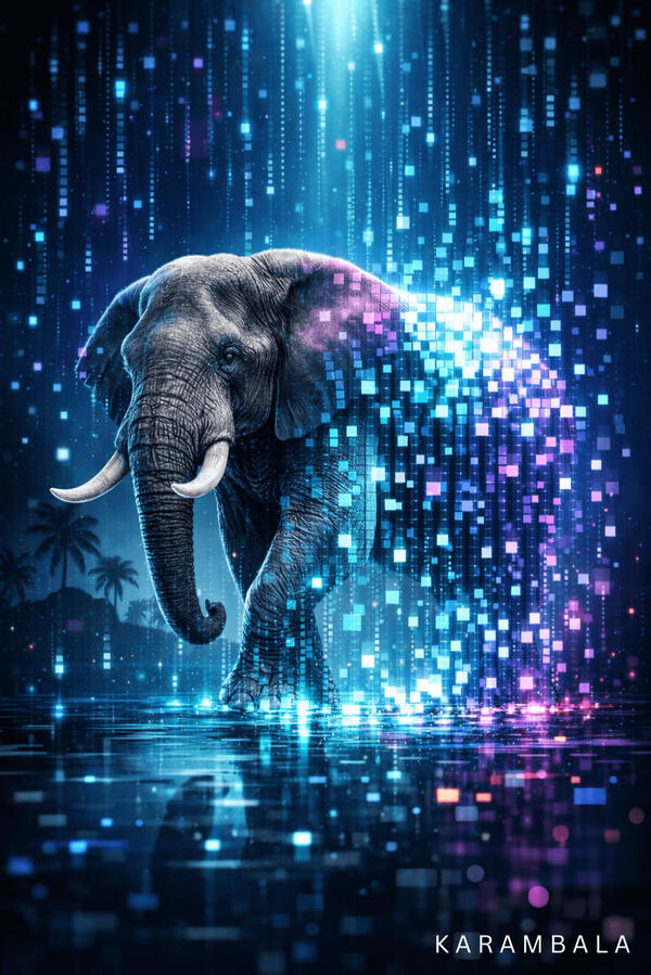 Not disappearing, but transforming. This artwork captures the majestic presence of Sri Lanka's elephants, standing at the intersection of memory, nature, and pixels. A futuristic homage to a cultural icon, dissolving into a stream of digital light.