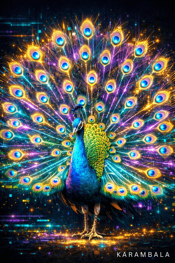 A dazzling, futuristic tribute to the vibrant peacocks of Sri Lanka. Adorned with glowing feathers that shimmer like a digital constellation, this artwork captures the bird’s legendary elegance and spiritual majesty. A symbol of grace and beauty.
