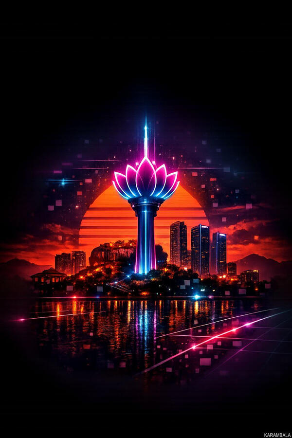 Colombos Lotus Tower in leuchtendem Neon — Glitch Art trifft Skyline.