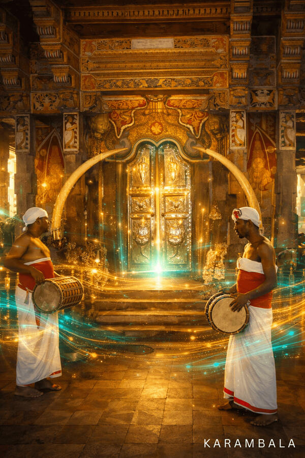 Two traditional Sri Lankan drummers flank a golden temple portal framed by monumental tusks. Vibrant, glowing light trails add a modern, mystical energy to this powerful celebration of living cultural heritage.