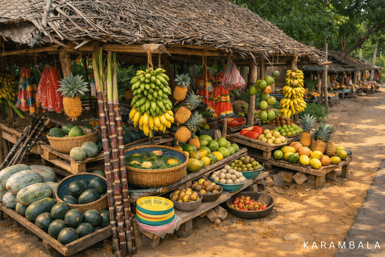 A colorful, rustic market stand in Sri Lanka overflowing with fresh tropical fruits—from large bunches of bananas and papayas to watermelons and sugarcane. A beautiful scene capturing local flavors and daily life.