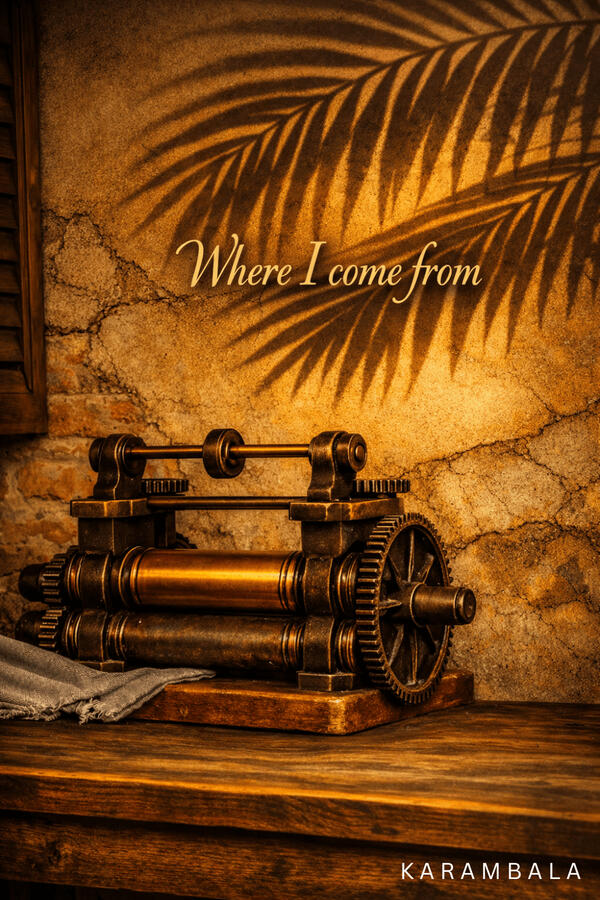An old, rustic rubber roller machine rests on a wooden table, bathed in a warm, nostalgic glow with a palm shadow on the wall—a powerful homage to local roots and heritage.