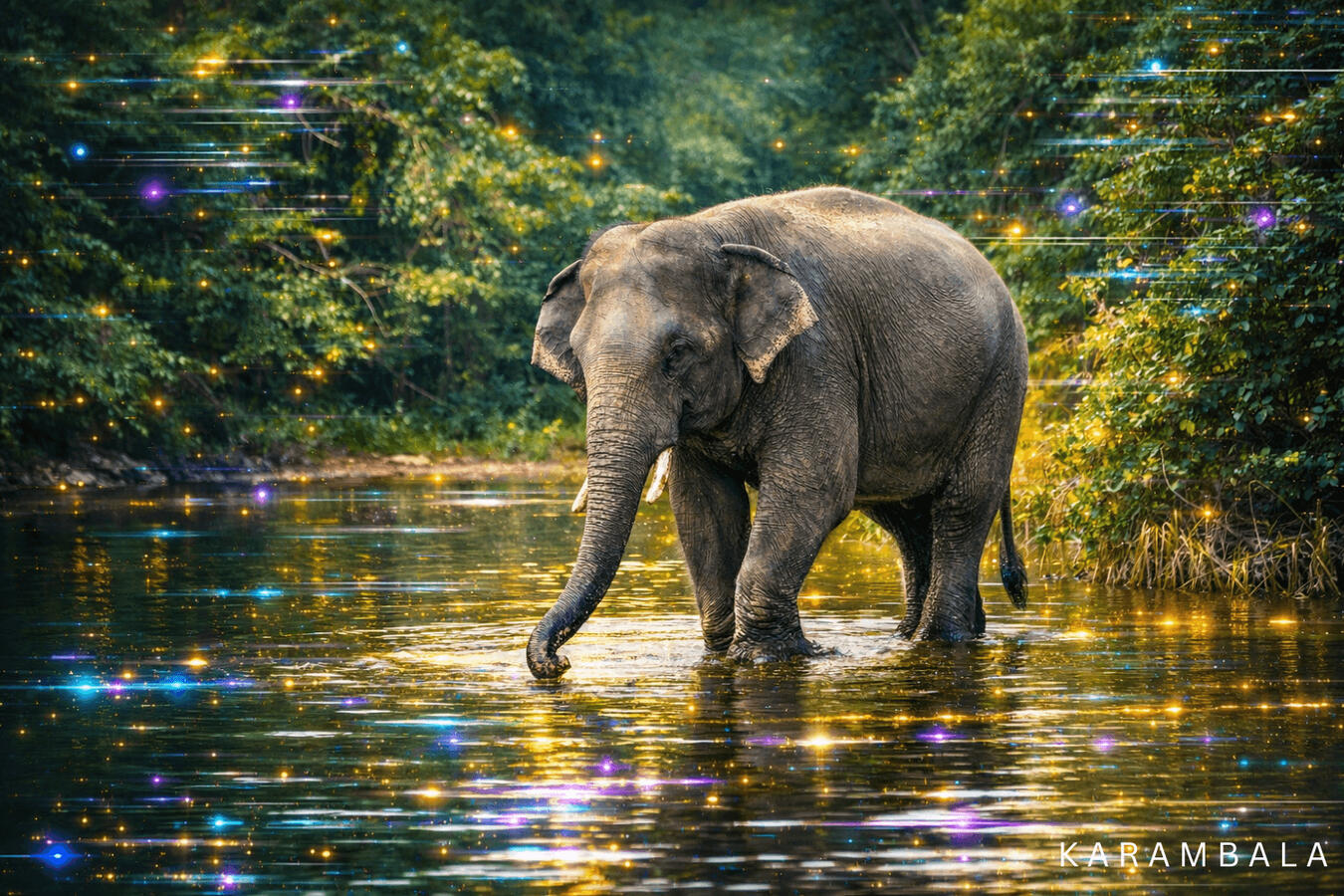 A peaceful elephant walking through glowing waters in the forests of Sri Lanka. A blend of wildlife, atmosphere, and futuristic digital art inspired by the beauty of Sri Lanka. ✨ Sri Lanka through different eyes. In a new light.