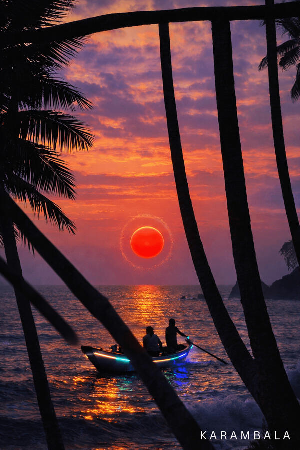 A glowing red sun dips below the horizon, framed by striking silhouettes of palm trees. Out on the water, a traditional boat glides through the waves, illuminated by a vibrant, modern neon glow.